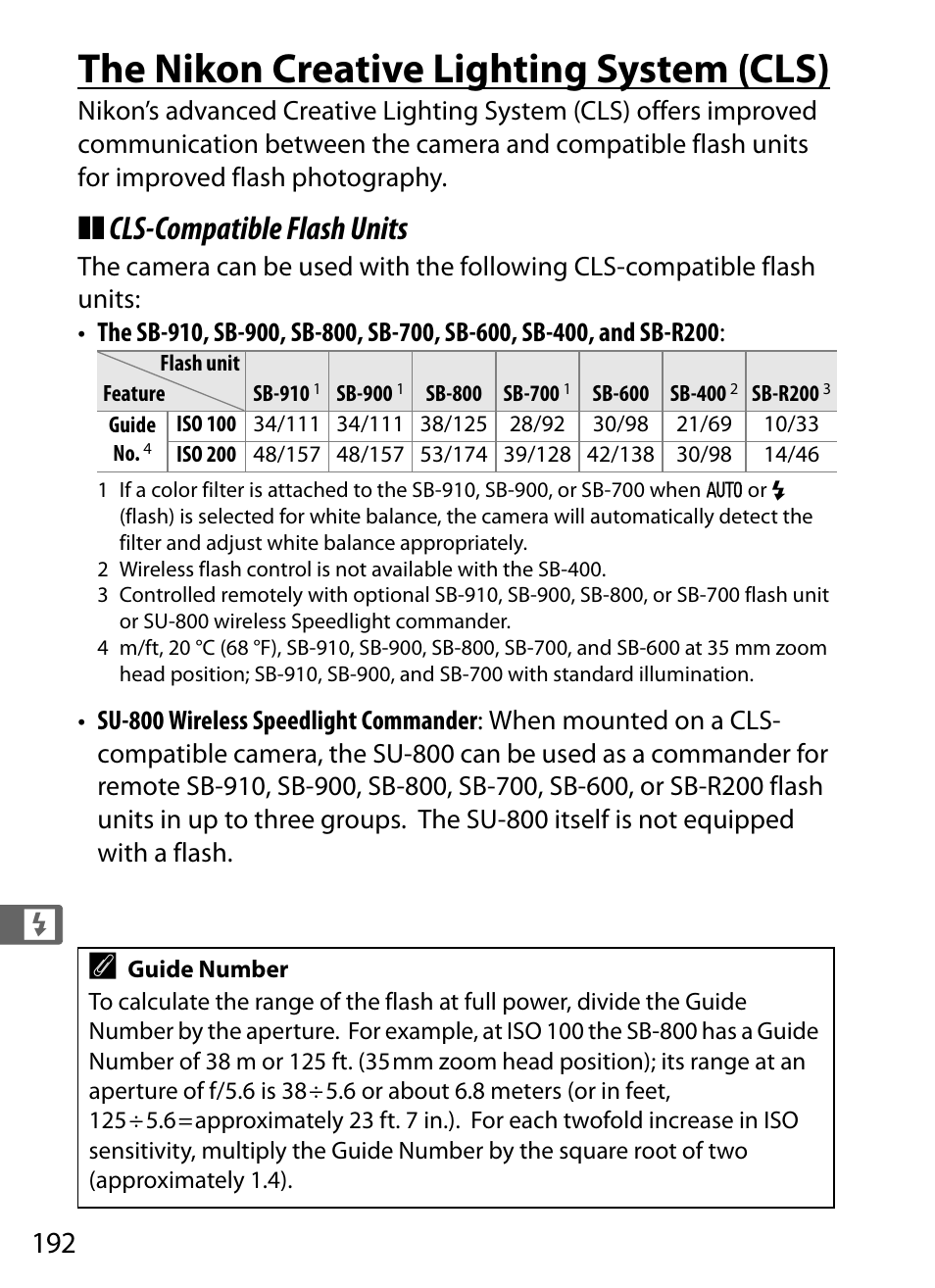 The nikon creative lighting system (cls), 0 192). the, Cls-compatible flash units | Nikon D4 User Manual | Page 218 / 484