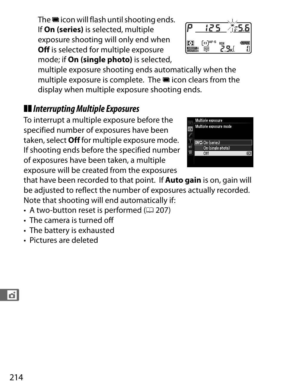 Interrupting multiple exposures | Nikon D4 User Manual | Page 240 / 484