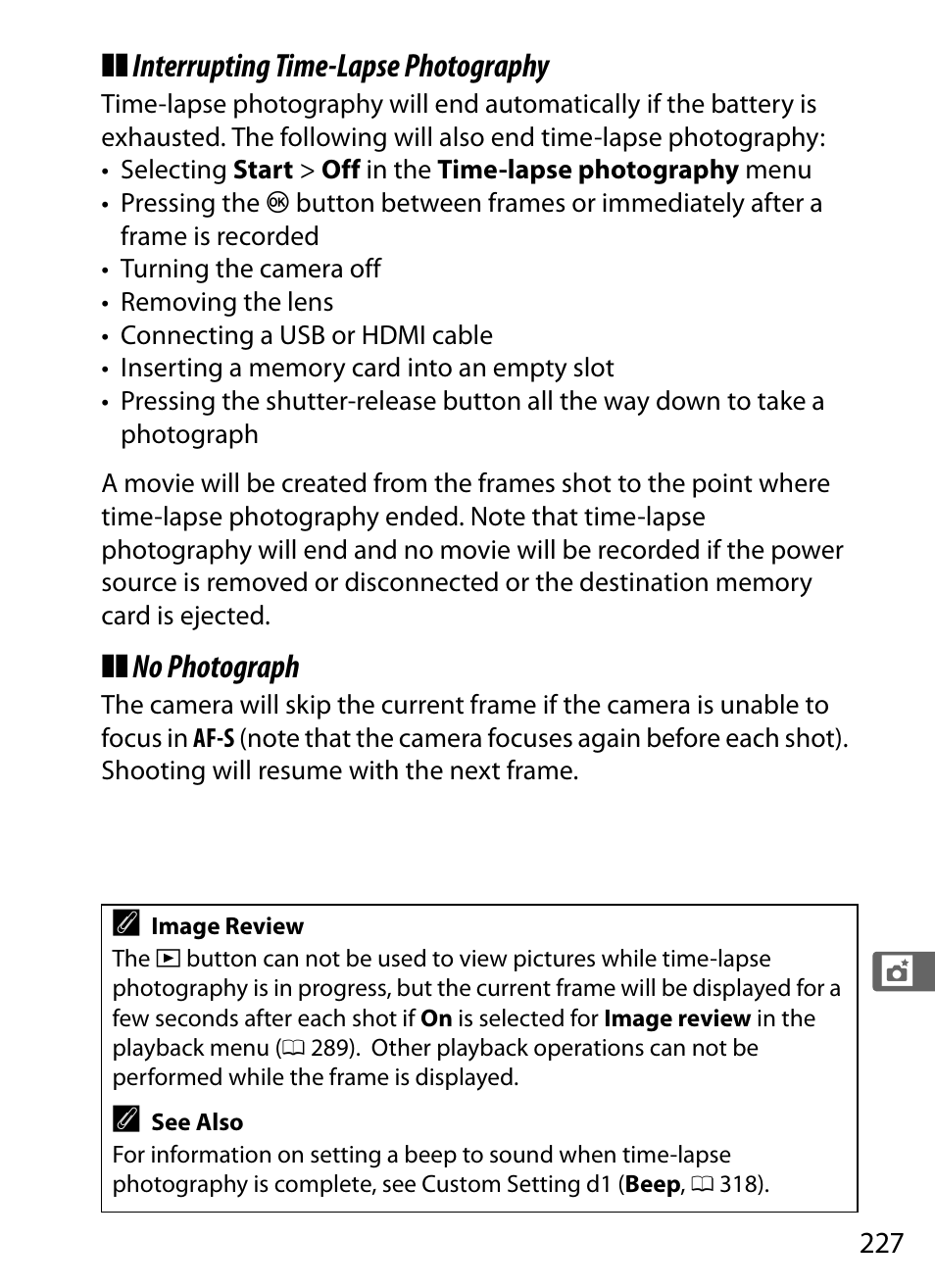 Interrupting time-lapse photography, No photograph | Nikon D4 User Manual | Page 253 / 484