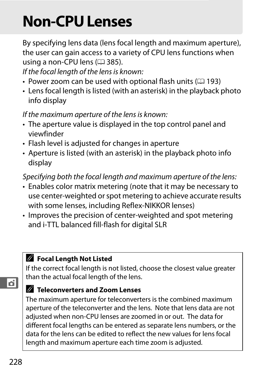 Non-cpu lenses | Nikon D4 User Manual | Page 254 / 484