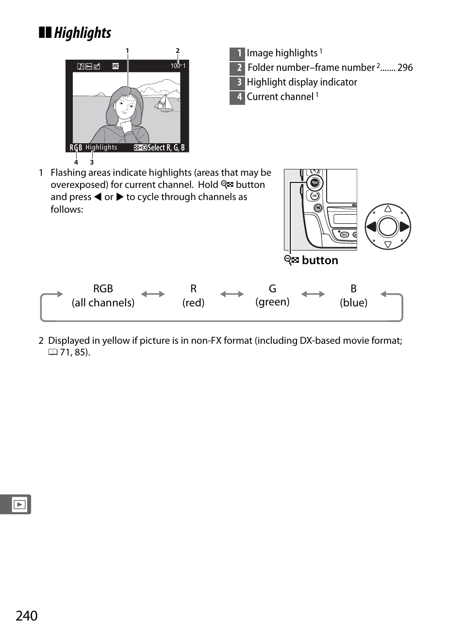 Highlights, W button | Nikon D4 User Manual | Page 266 / 484