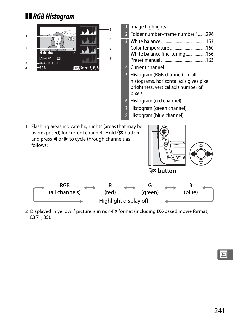 Rgb histogram, W button | Nikon D4 User Manual | Page 267 / 484