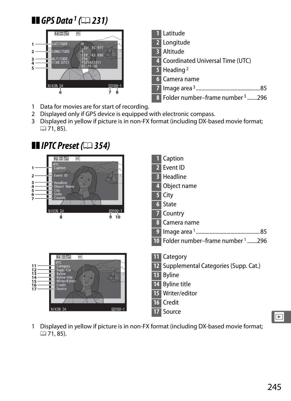 Gps data, Iptc pres et ( 0 354), 6camera name 7 image area | 8 folder number–frame number, 10 folder number–frame number | Nikon D4 User Manual | Page 271 / 484