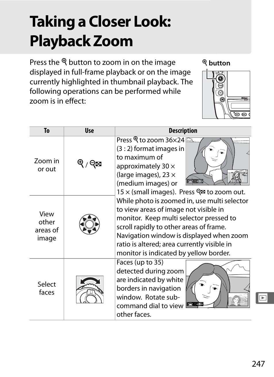 Taking a closer look: playback zoom | Nikon D4 User Manual | Page 273 / 484