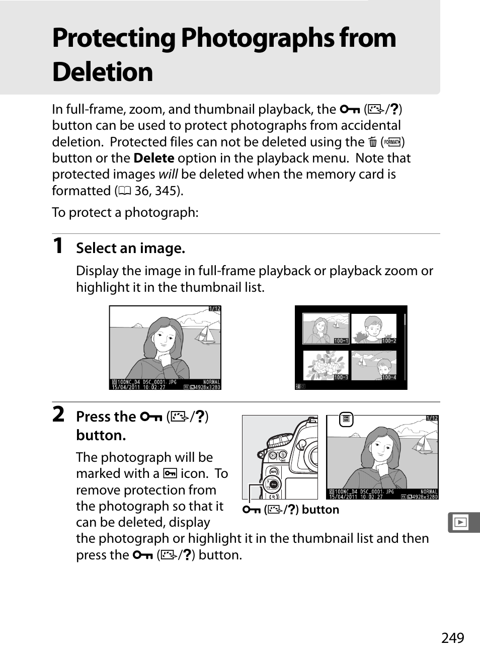 Protecting photographs from deletion | Nikon D4 User Manual | Page 275 / 484