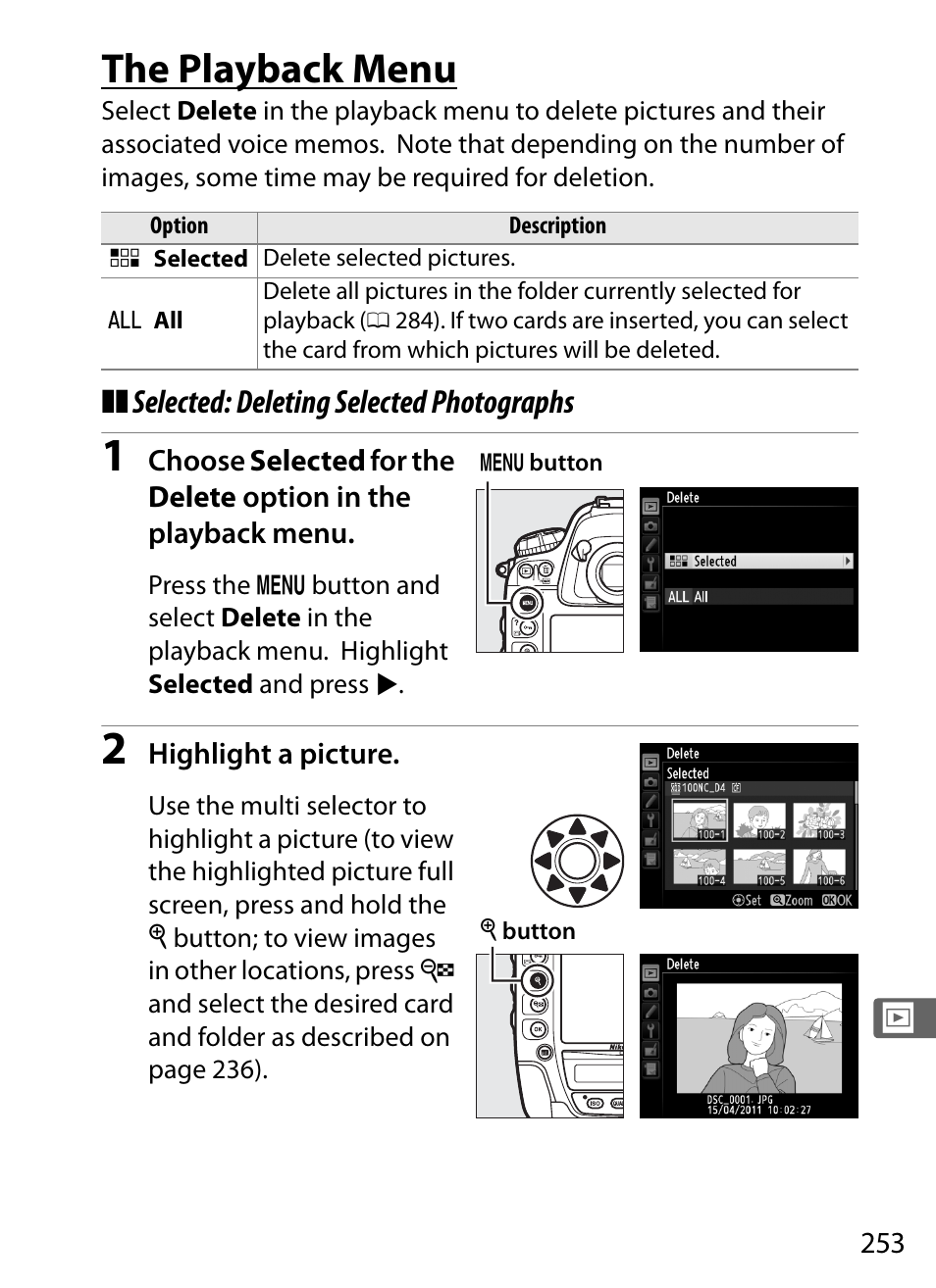 The playback menu | Nikon D4 User Manual | Page 279 / 484