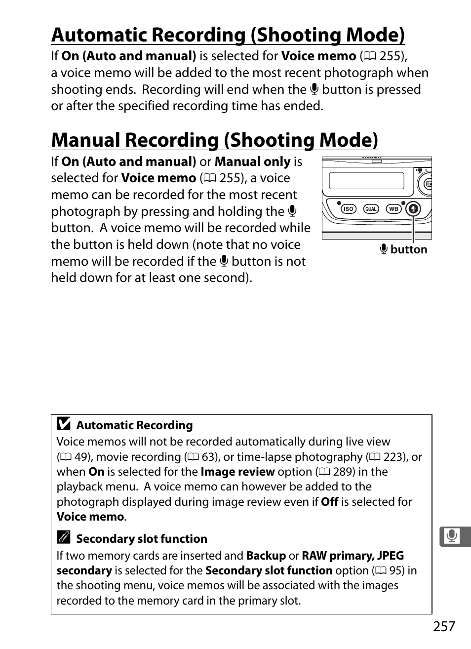 Automatic recording (shooting mode), Manual recording (shooting mode) | Nikon D4 User Manual | Page 283 / 484