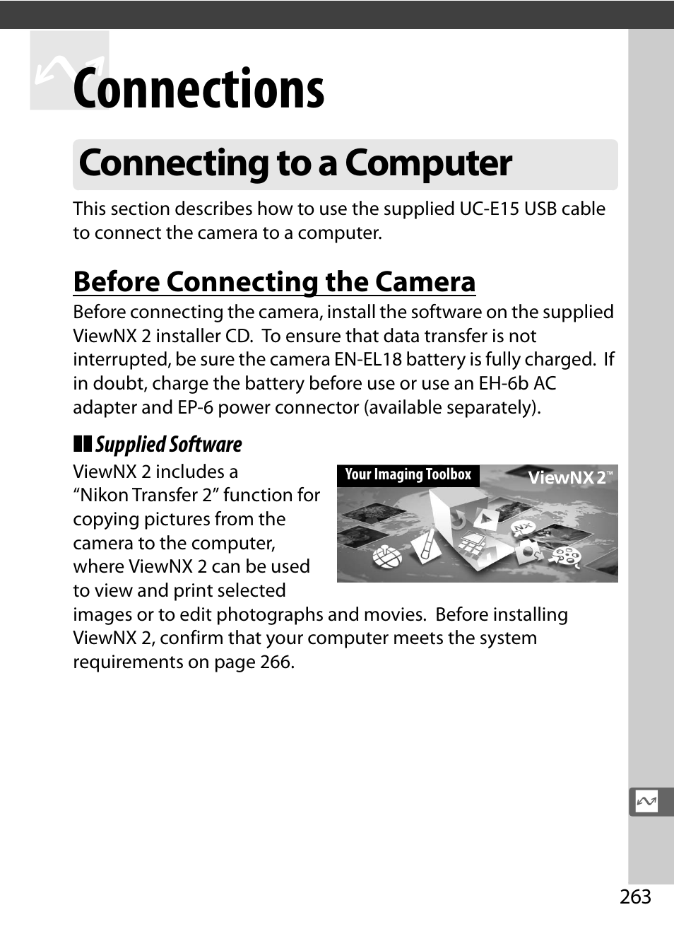 Connections, Connecting to a computer, Before connecting the camera | Nikon D4 User Manual | Page 289 / 484