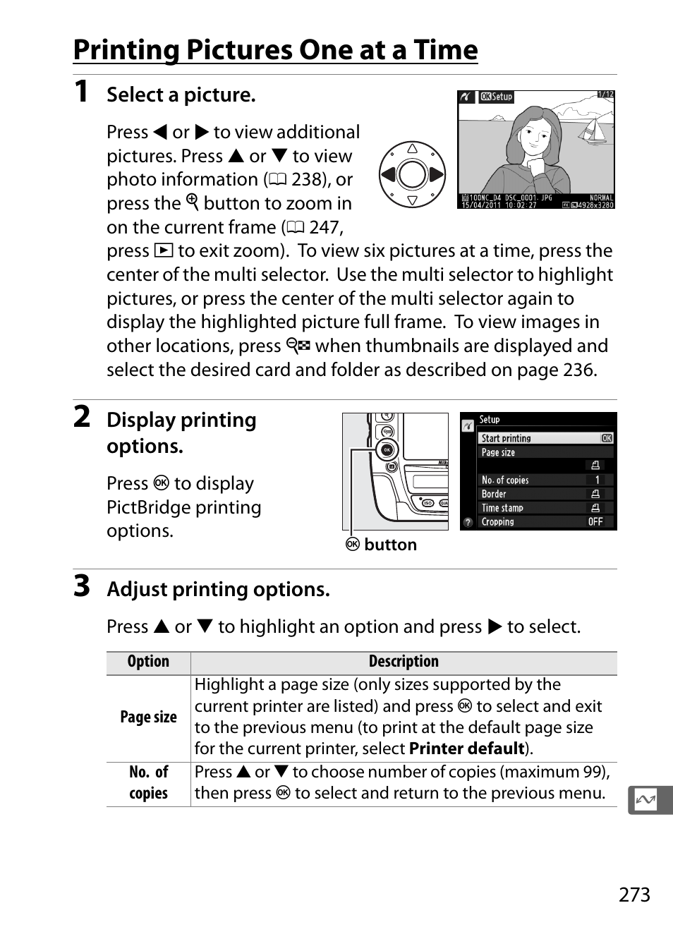 Printing pictures one at a time | Nikon D4 User Manual | Page 299 / 484