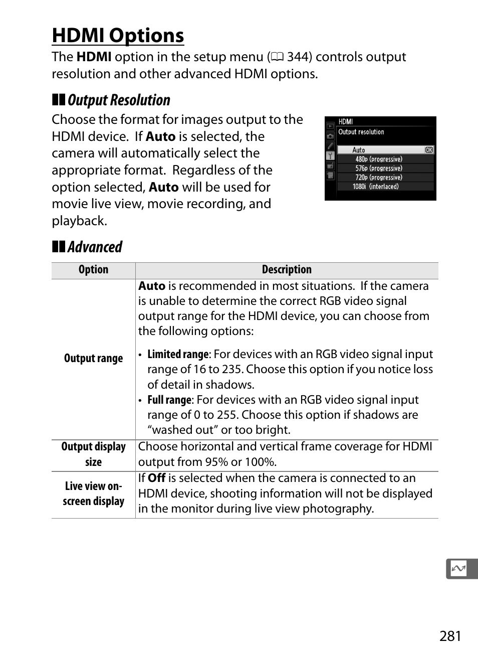 Hdmi options, Output resolution, Advanced | Nikon D4 User Manual | Page 307 / 484