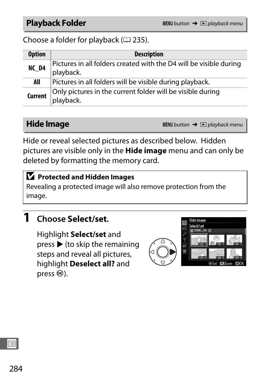 Playback folder, Hide image, Playback folder hide image | Nikon D4 User Manual | Page 310 / 484