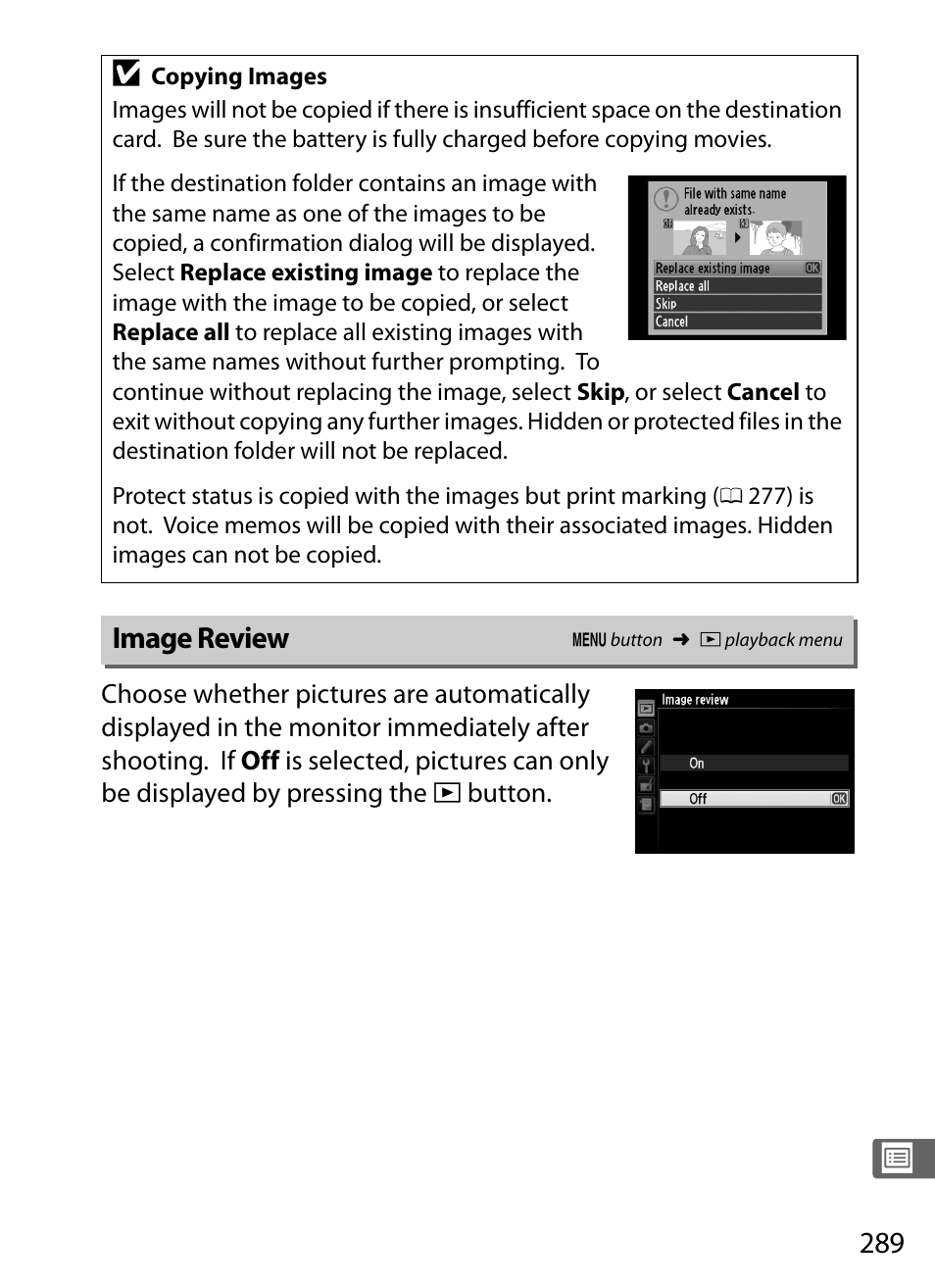 Image review, 0 289) in the | Nikon D4 User Manual | Page 315 / 484