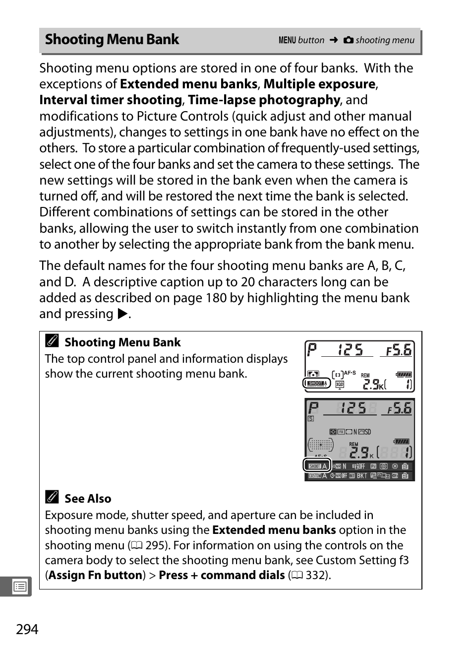 Shooting menu bank, 0 294), but, 0 294), int | Nikon D4 User Manual | Page 320 / 484