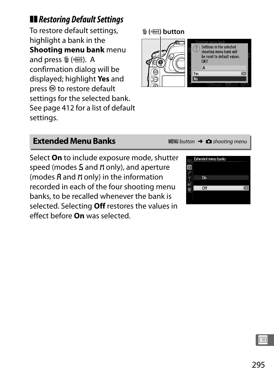 Extended menu banks, Restoring default settings | Nikon D4 User Manual | Page 321 / 484