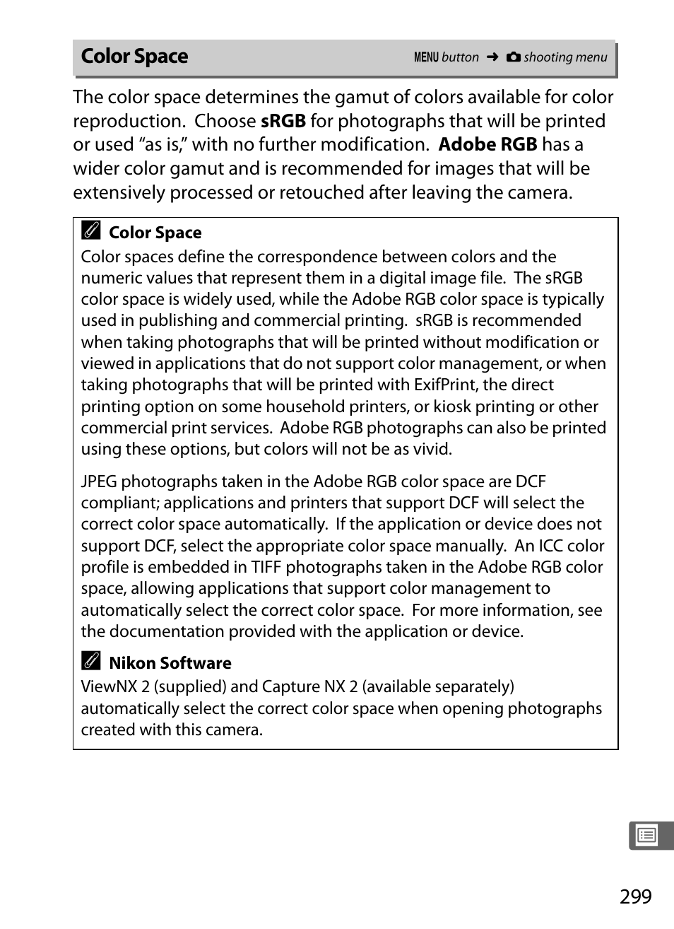 Color space, 0 299) and p | Nikon D4 User Manual | Page 325 / 484