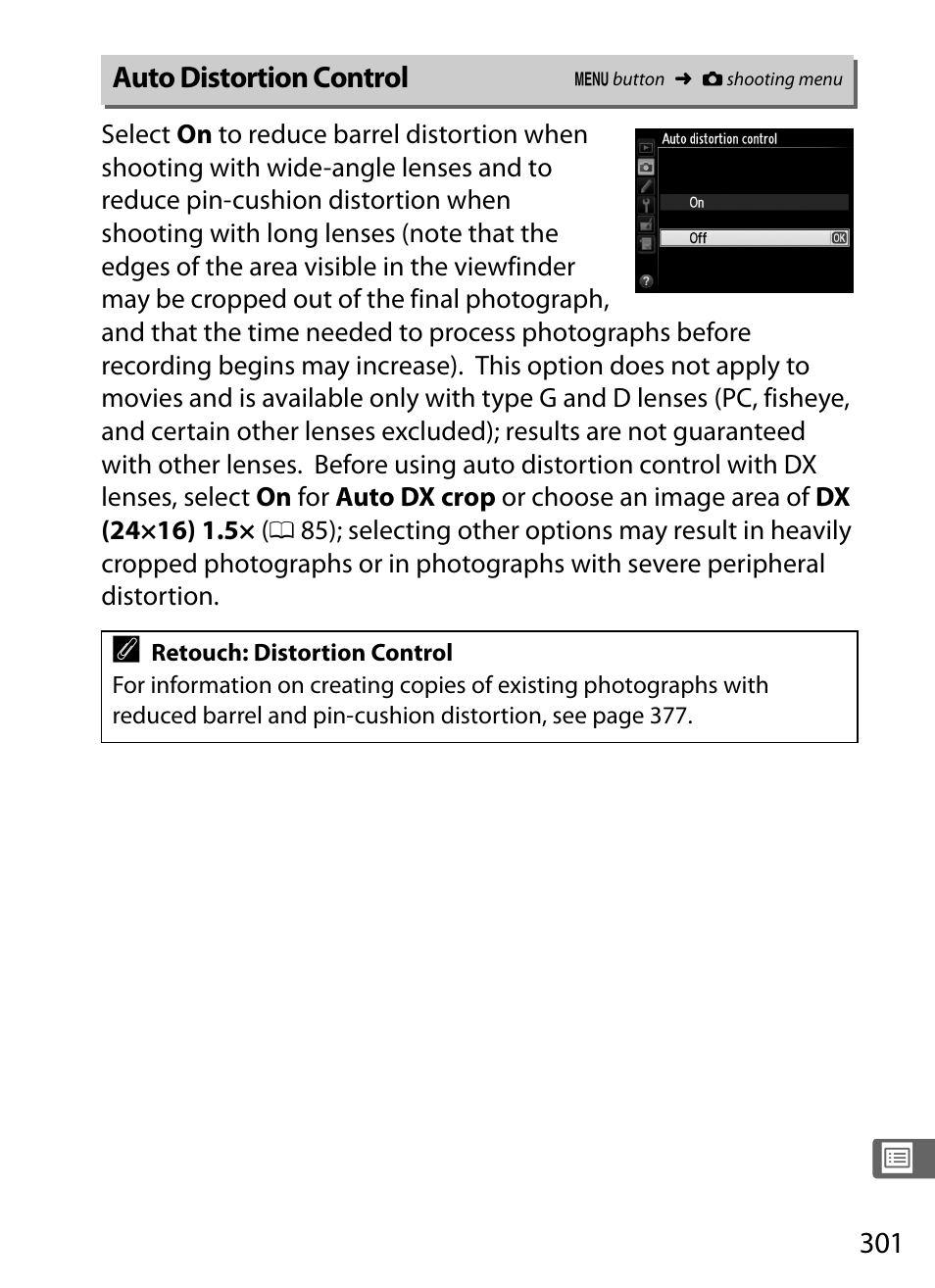 Auto distortion control, 0 301), m | Nikon D4 User Manual | Page 327 / 484