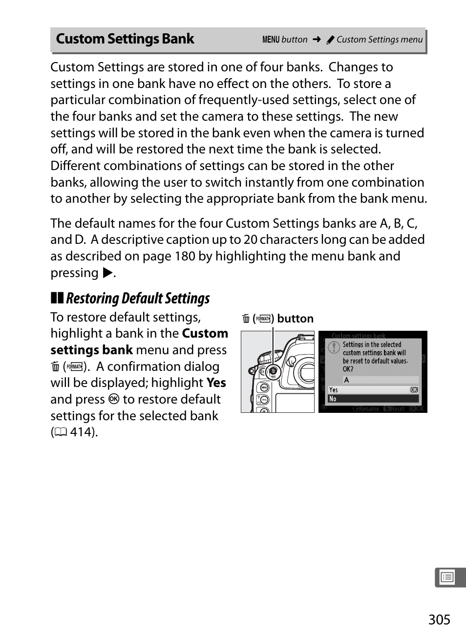 Custom settings bank, Restoring default settings | Nikon D4 User Manual | Page 331 / 484