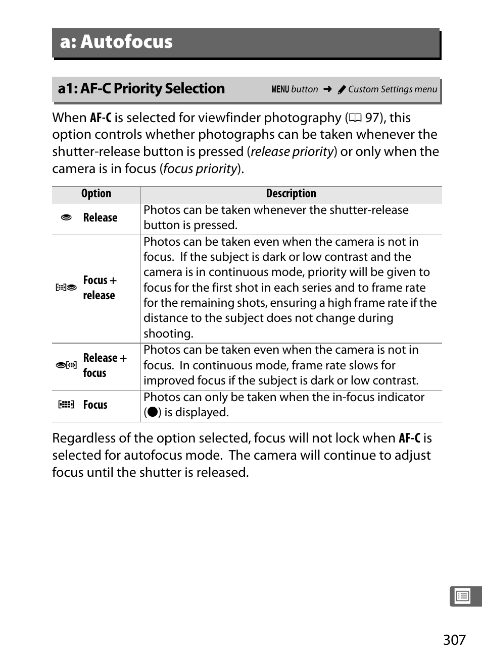 A: autofocus, A1: af-c priority selection, 0 307) and a2 | Nikon D4 User Manual | Page 333 / 484