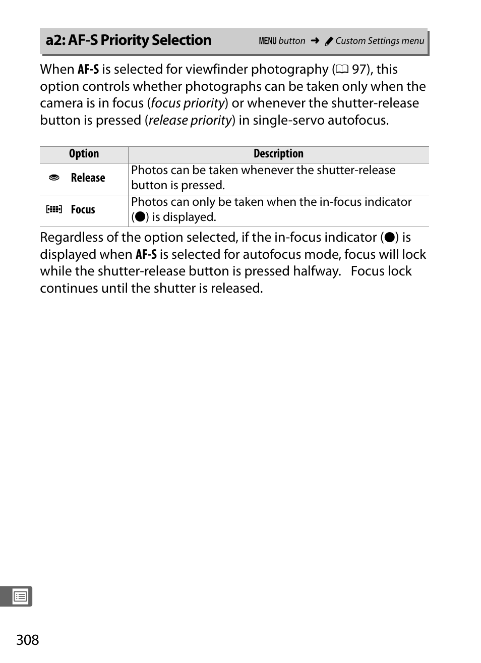 A2: af-s priority selection, 0 308), and the in | Nikon D4 User Manual | Page 334 / 484