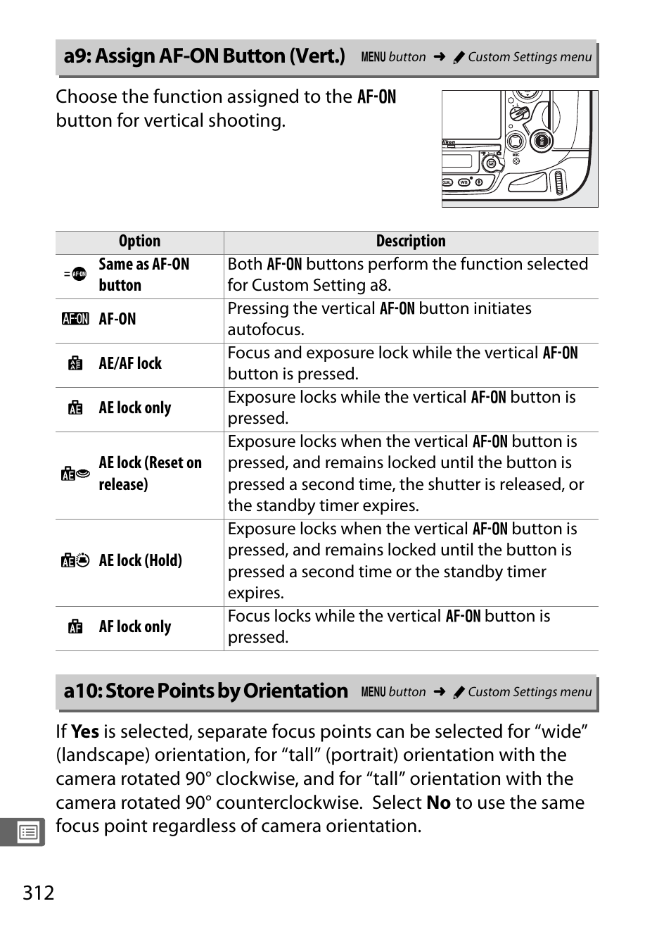 A9: assign af-on button (vert.), A10: store points by orientation | Nikon D4 User Manual | Page 338 / 484