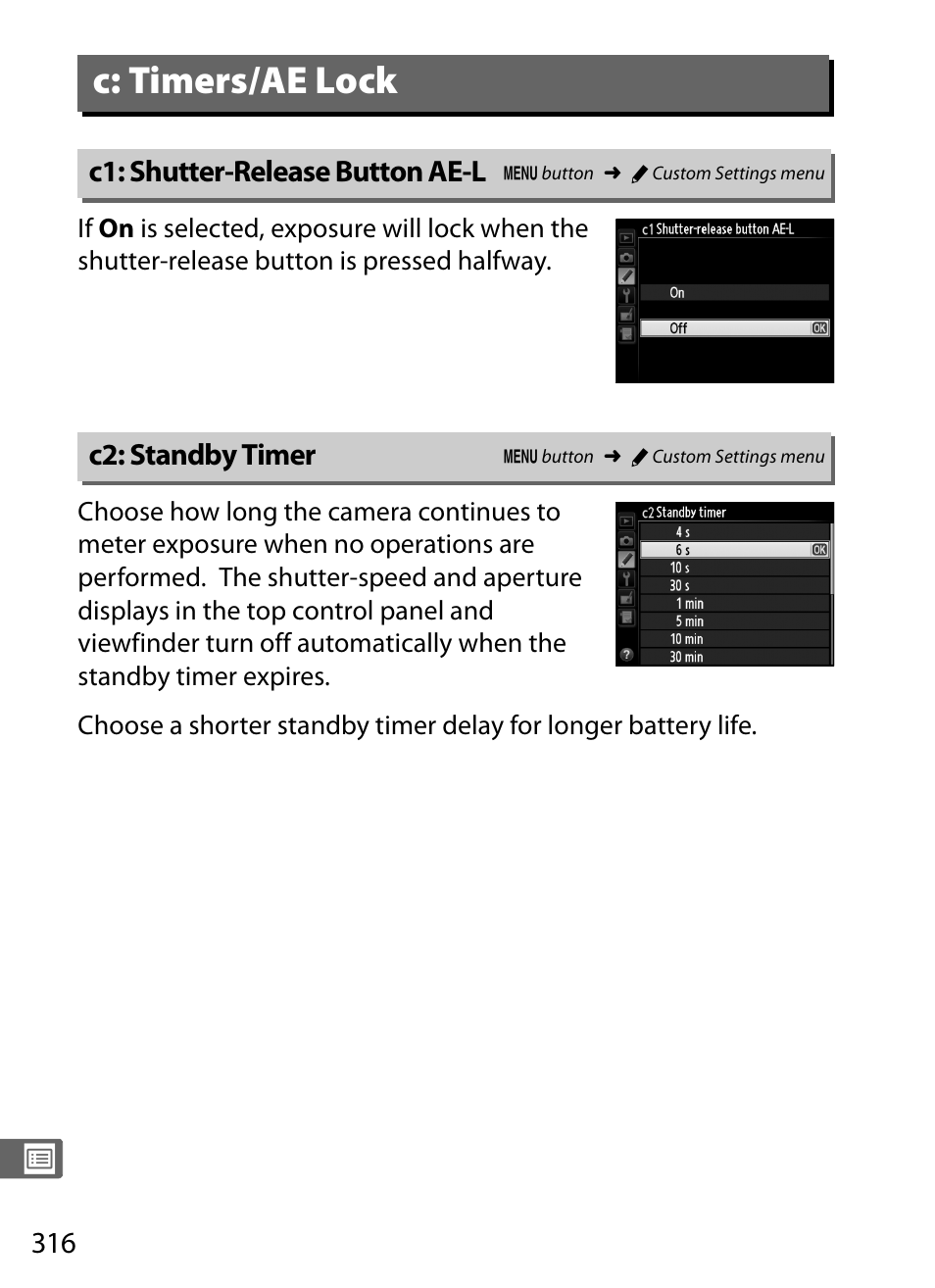 C: timers/ae lock, C1: shutter-release button ae-l, C2: standby timer | C1: shutter-release button ae-l c2: standby timer, 0 316) f, 0 316), exposur, 0 316), the standb | Nikon D4 User Manual | Page 342 / 484