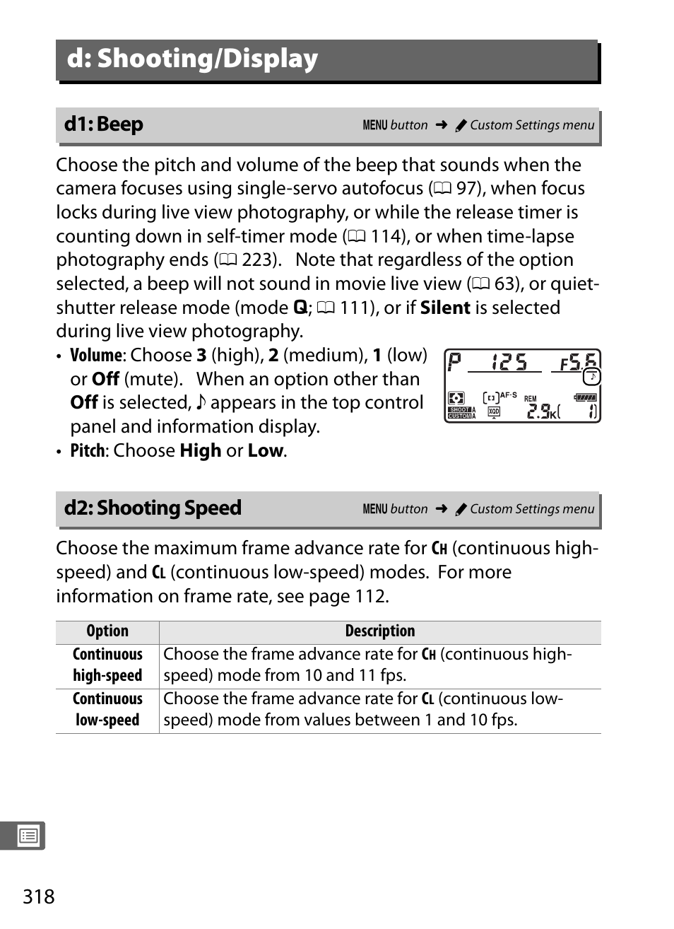 D: shooting/display, D1: beep, D2: shooting speed | D1: beep d2: shooting speed | Nikon D4 User Manual | Page 344 / 484