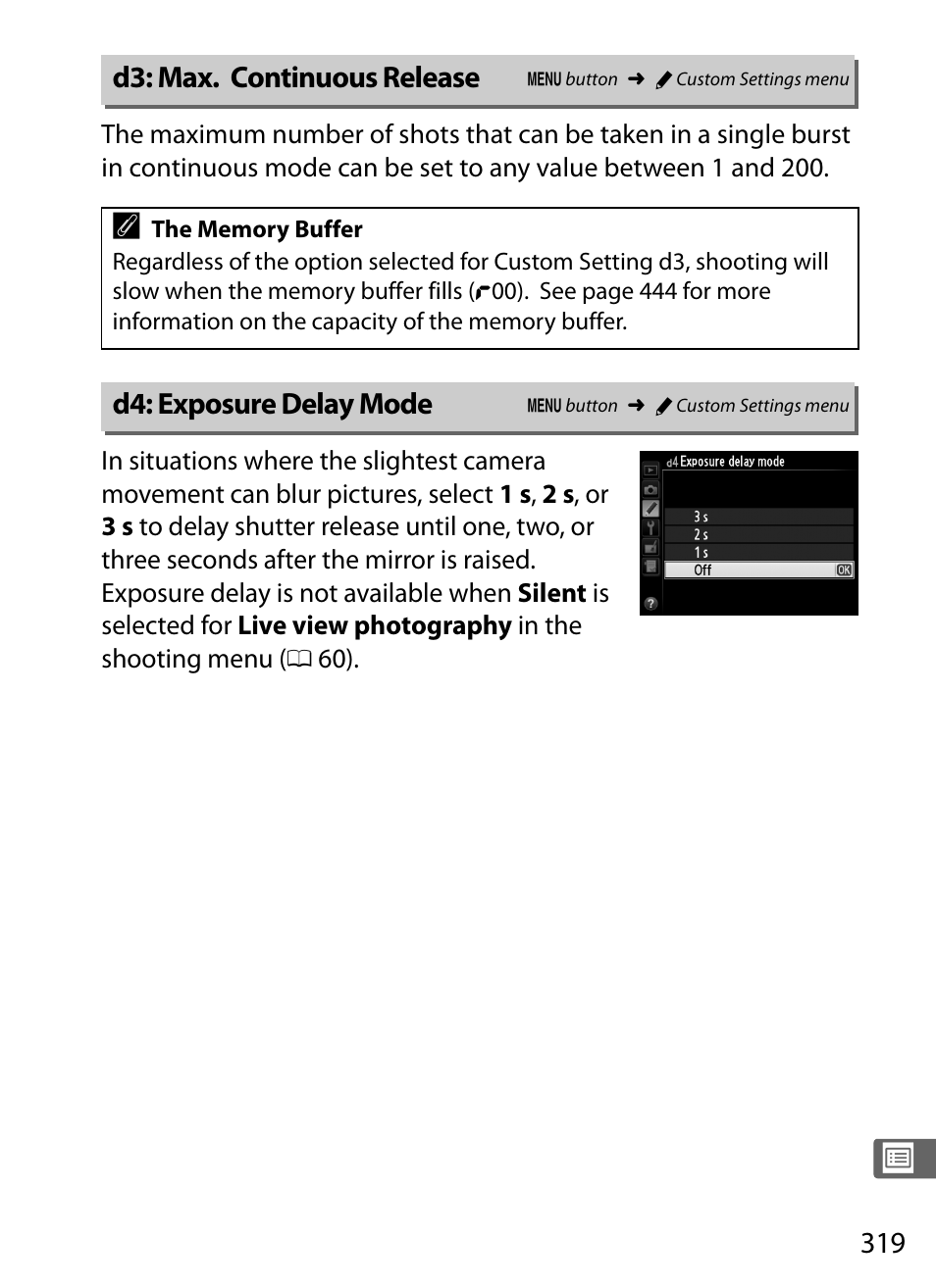 D3: max. continuous release, D4: exposure delay mode | Nikon D4 User Manual | Page 345 / 484