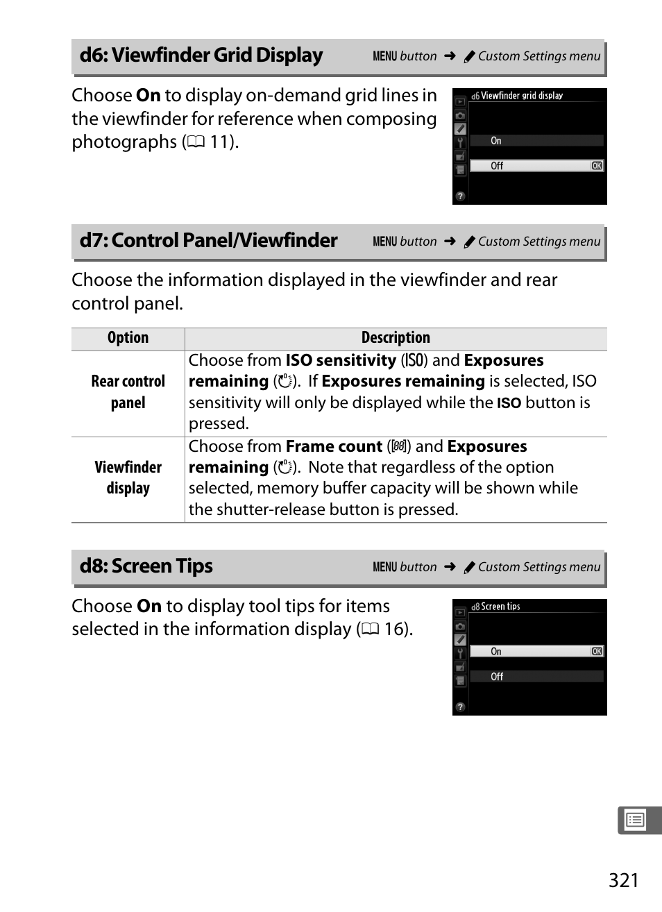 D6: viewfinder grid display, D7: control panel/viewfinder, D8: screen tips | Nikon D4 User Manual | Page 347 / 484