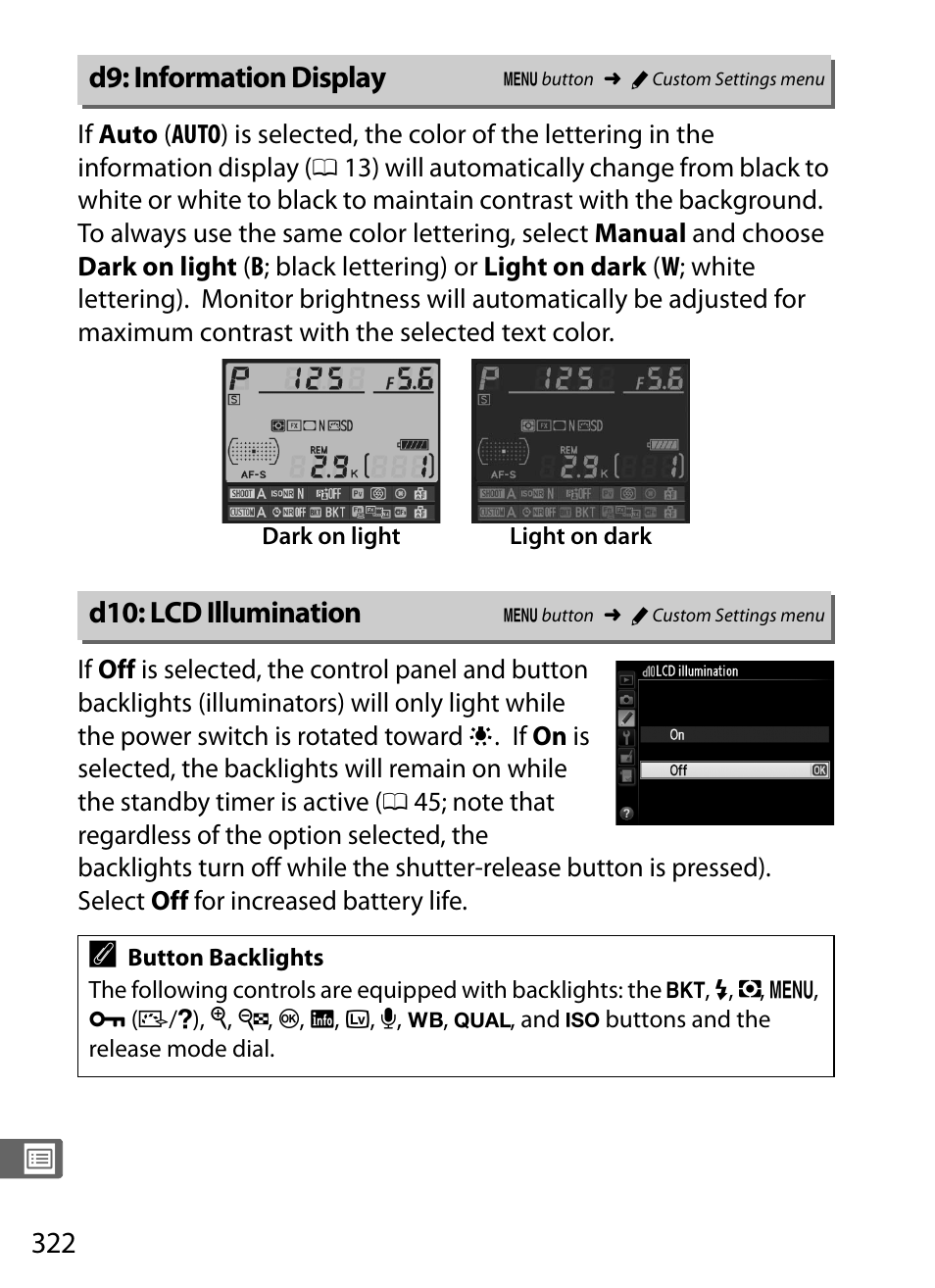 D9: information display, D10: lcd illumination, D9: information display d10: lcd illumination | Nikon D4 User Manual | Page 348 / 484