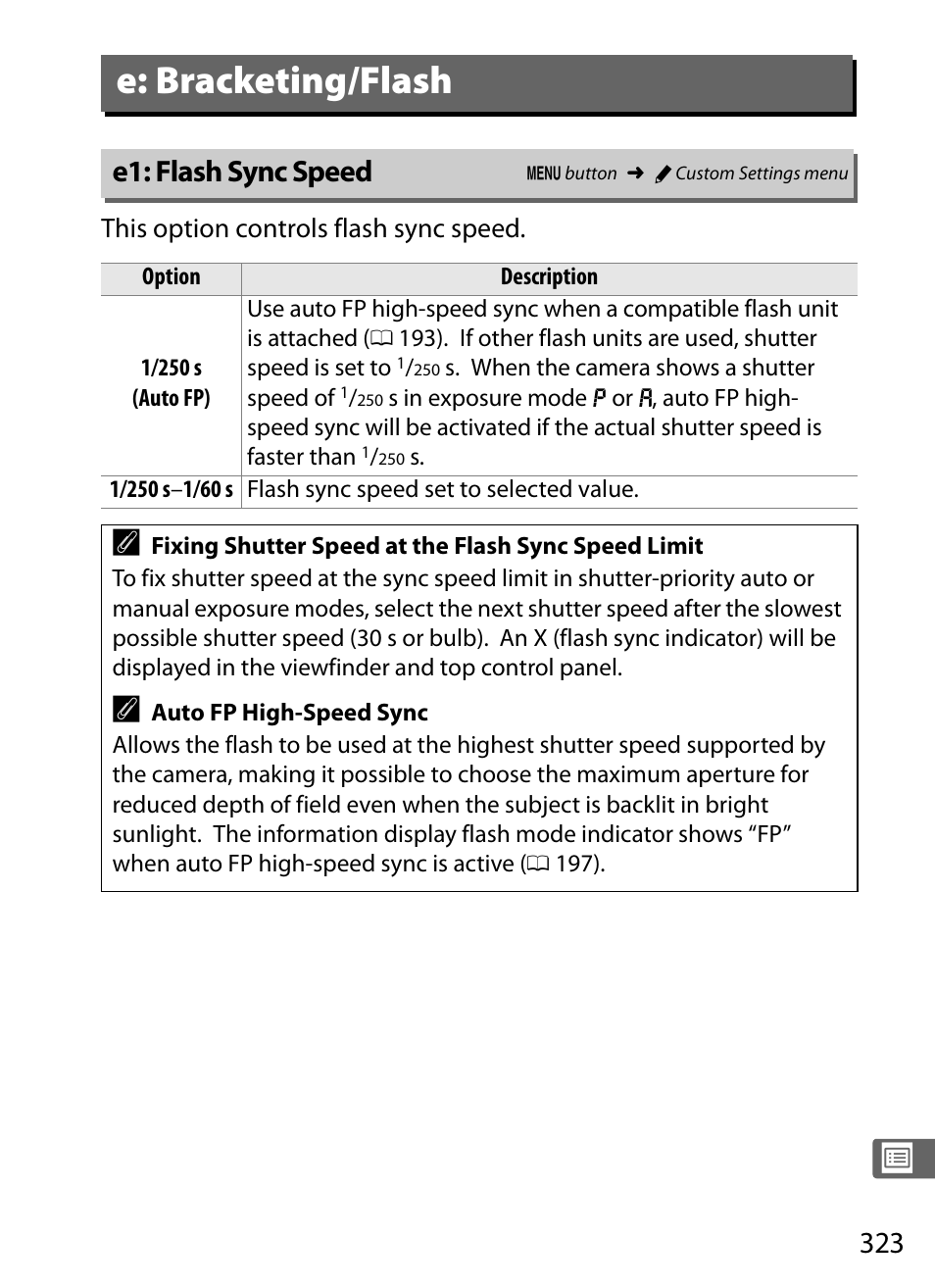 E: bracketing/flash, E1: flash sync speed | Nikon D4 User Manual | Page 349 / 484