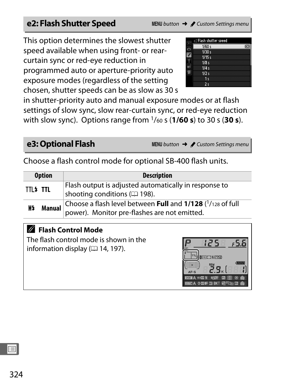 E2: flash shutter speed, E3: optional flash, E2: flash shutter speed e3: optional flash | Nikon D4 User Manual | Page 350 / 484