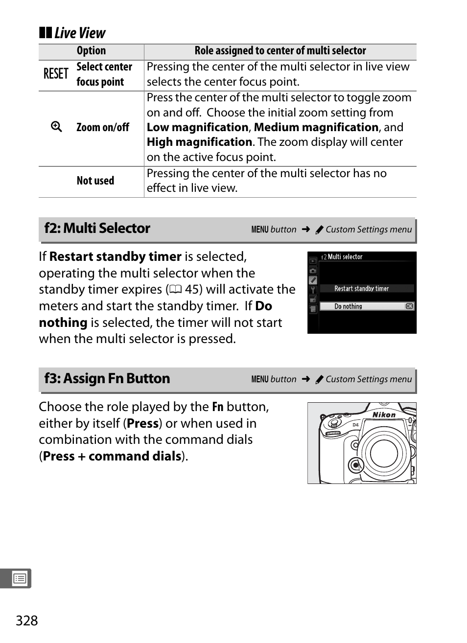 F2: multi selector, F3: assign fn button, F2: multi selector f3: assign fn button | Live view | Nikon D4 User Manual | Page 354 / 484