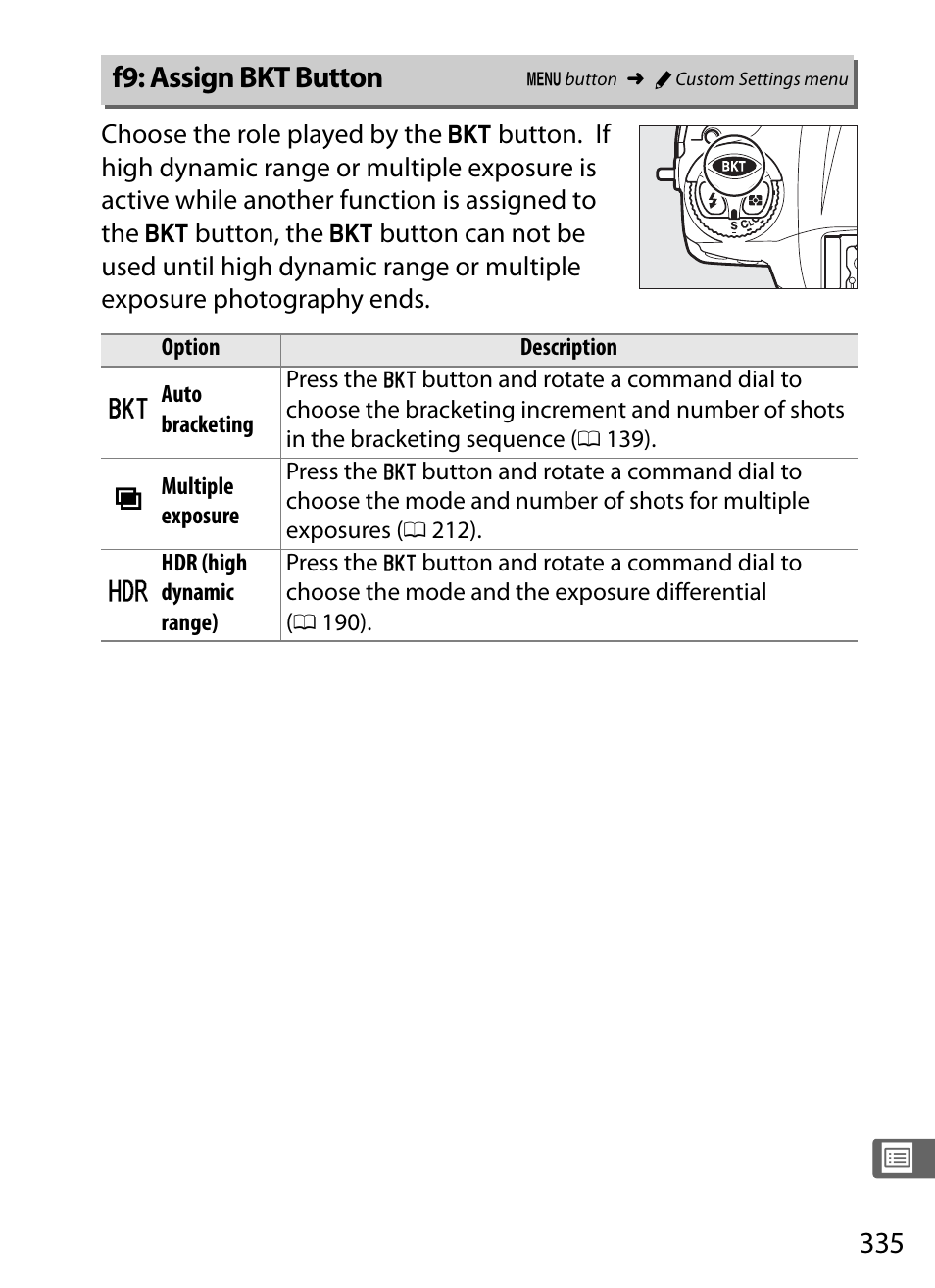 F9: assign bkt button | Nikon D4 User Manual | Page 361 / 484