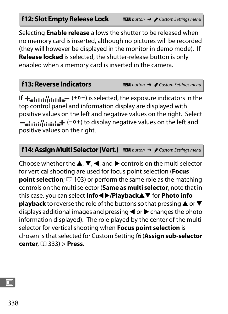 F12: slot empty release lock, F13: reverse indicators, F14: assign multi selector (vert.) | Nikon D4 User Manual | Page 364 / 484