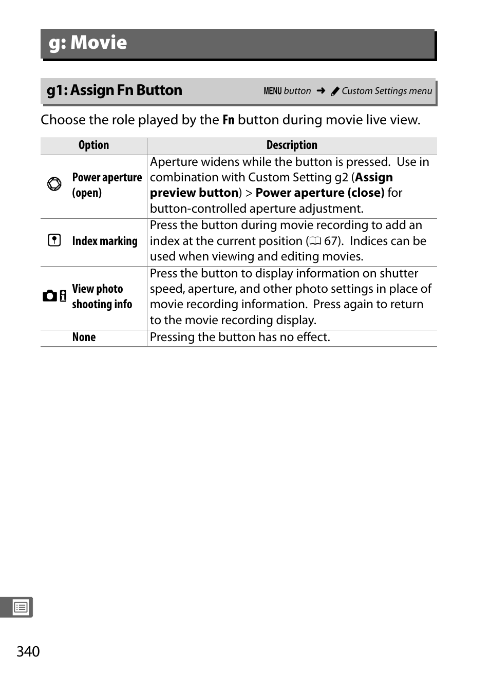 G: movie, G1: assign fn button, 0 340), g2 | Nikon D4 User Manual | Page 366 / 484