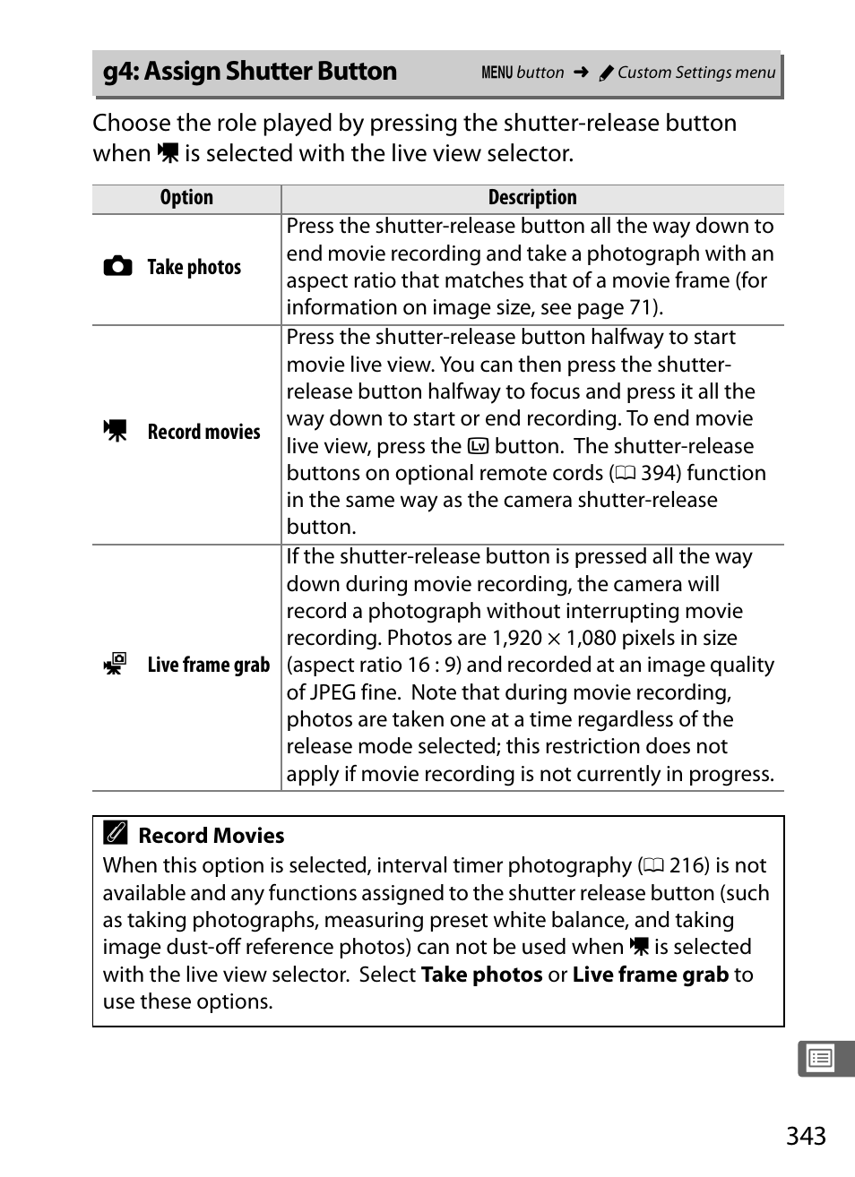 G4: assign shutter button, 0 343) c | Nikon D4 User Manual | Page 369 / 484
