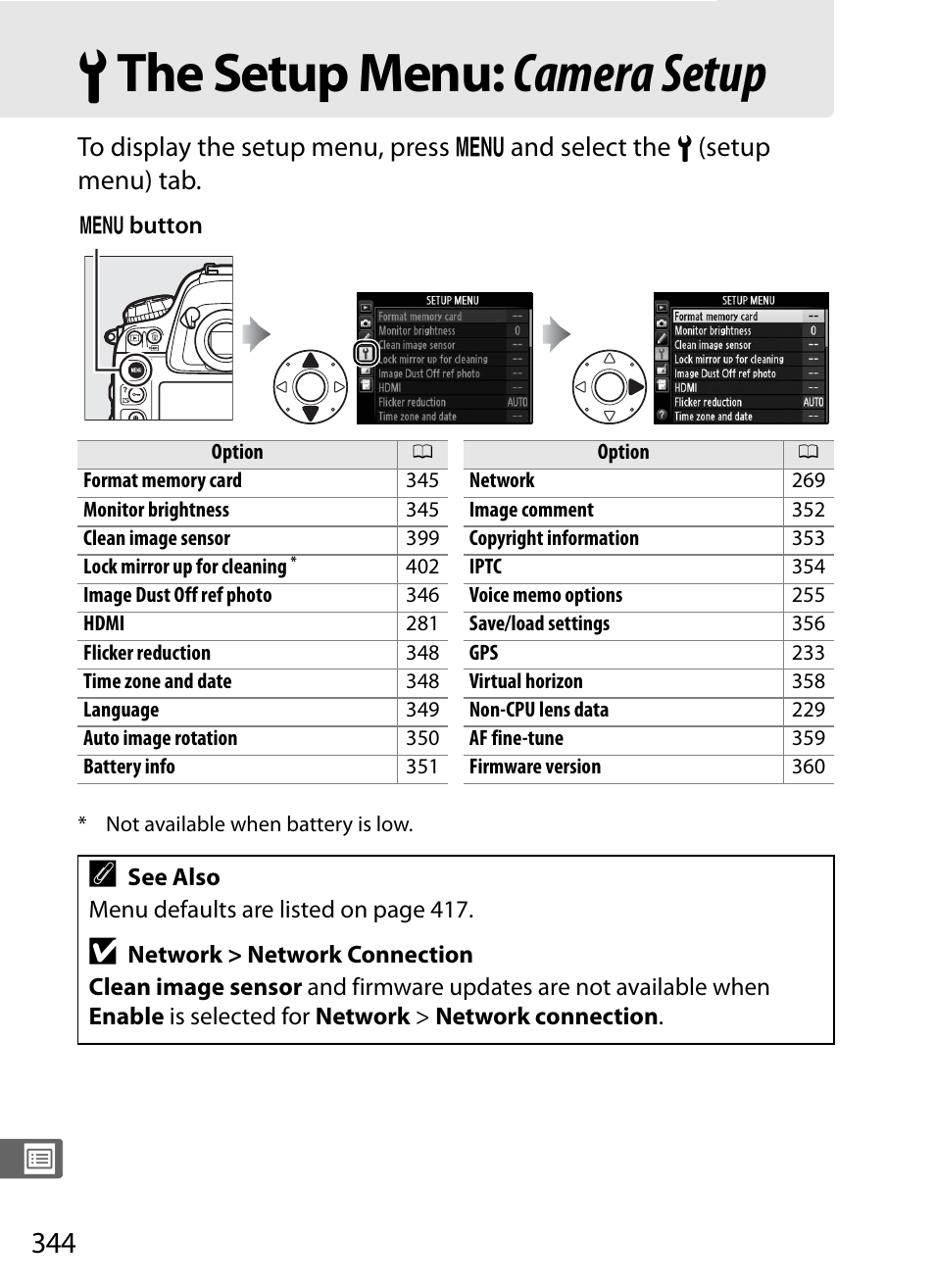 The setup menu: camera setup, B the setup menu: camera setup | Nikon D4 User Manual | Page 370 / 484