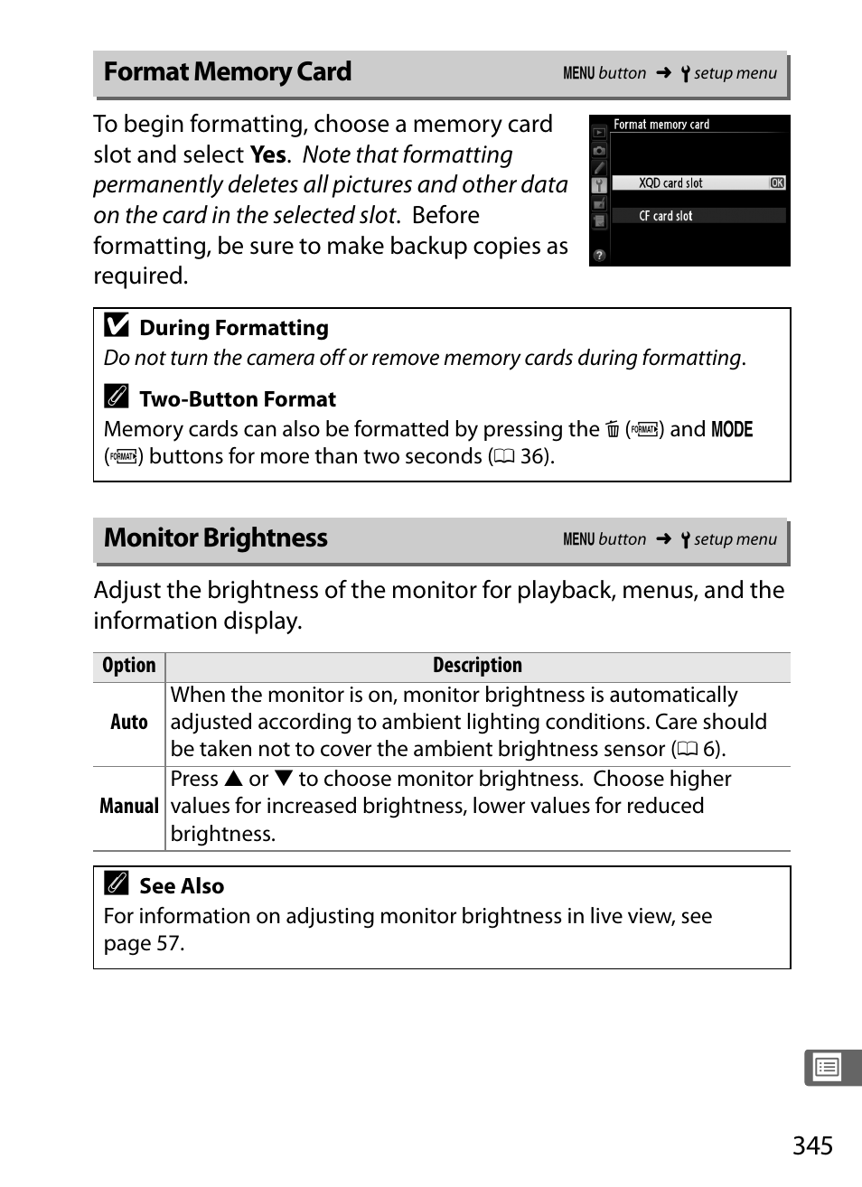 Format memory card, Monitor brightness, Format memory card monitor brightness | Nikon D4 User Manual | Page 371 / 484