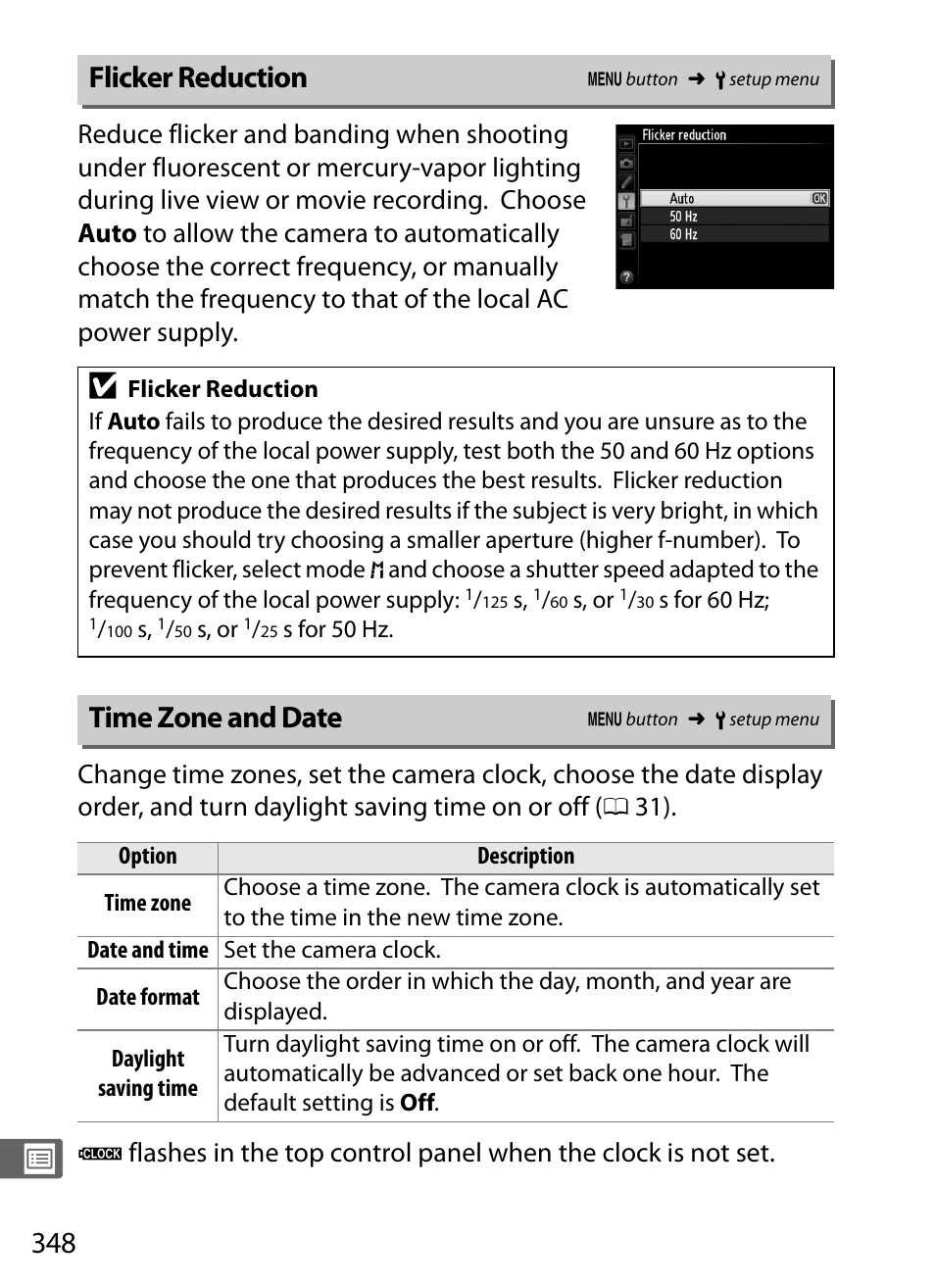 Flicker reduction, Time zone and date, Flicker reduction time zone and date | 0 348), althoug | Nikon D4 User Manual | Page 374 / 484