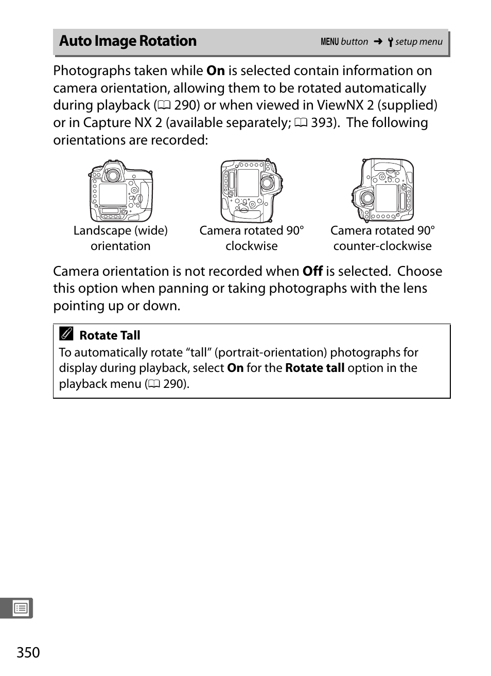Auto image rotation | Nikon D4 User Manual | Page 376 / 484