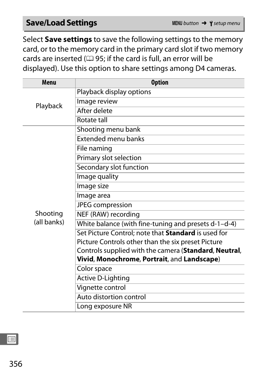 Save/load settings | Nikon D4 User Manual | Page 382 / 484