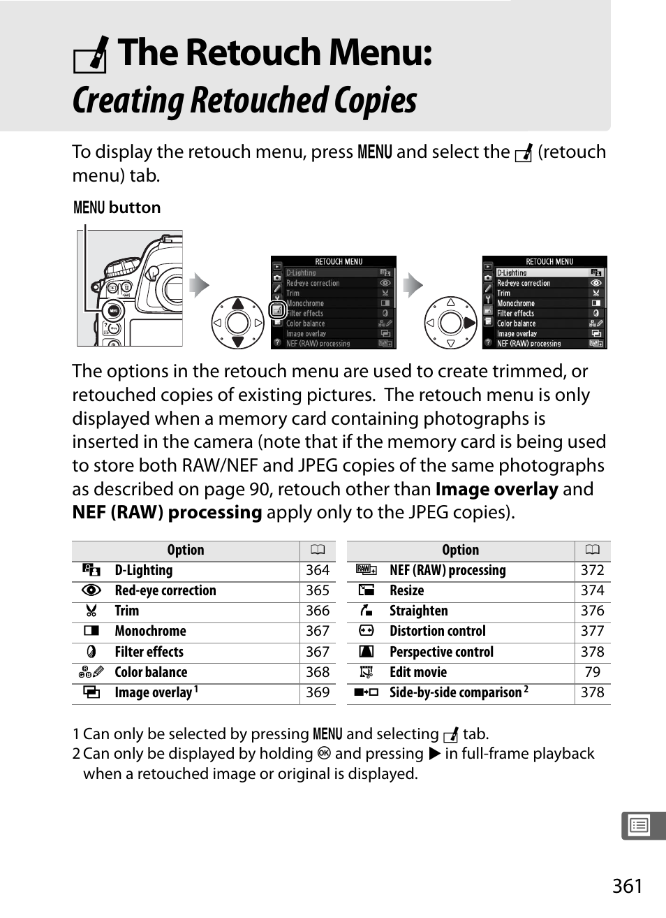The retouch menu: creating retouched copies, N the retouch menu: creating retouched copies | Nikon D4 User Manual | Page 387 / 484