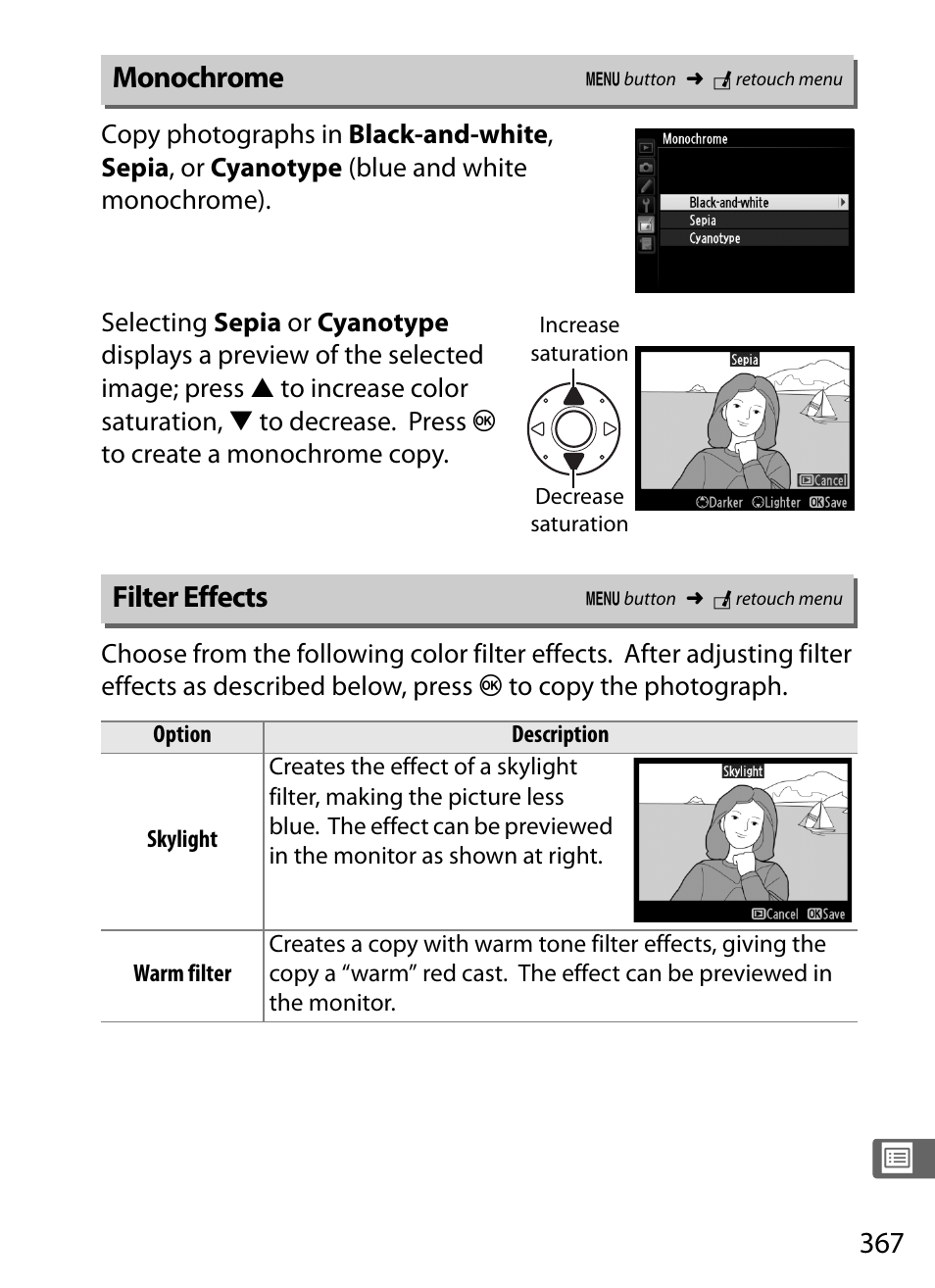 Monochrome, Filter effects, Monochrome filter effects | Nikon D4 User Manual | Page 393 / 484