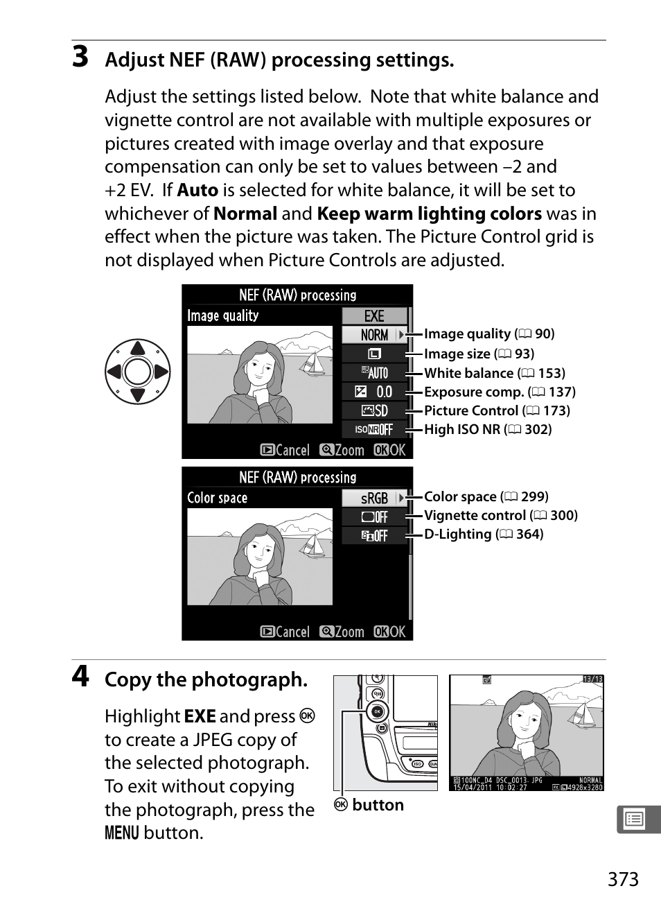 Adjust nef (raw) processing settings, Copy the photograph | Nikon D4 User Manual | Page 399 / 484