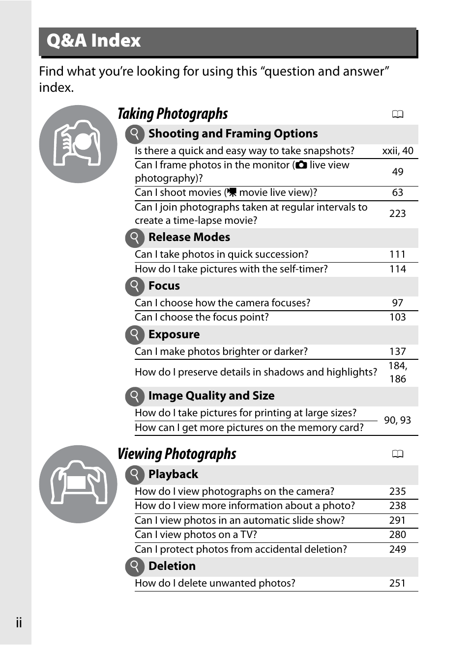 Q&a index, Taking photographs, Viewing photographs | Nikon D4 User Manual | Page 4 / 484