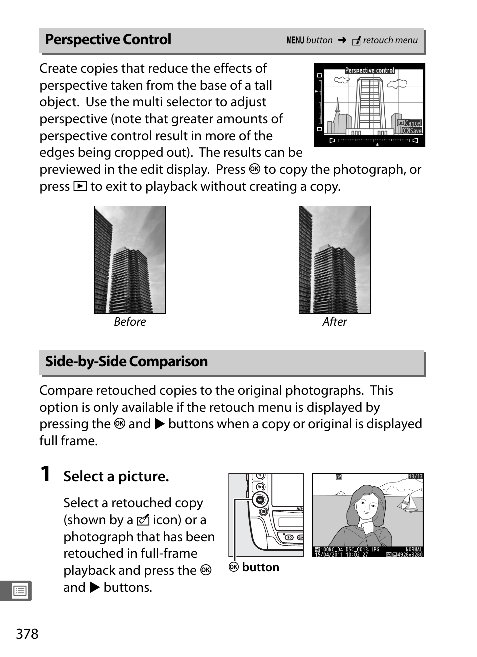 Perspective control, Side-by-side comparison, Perspective control side-by-side comparison | Nikon D4 User Manual | Page 404 / 484