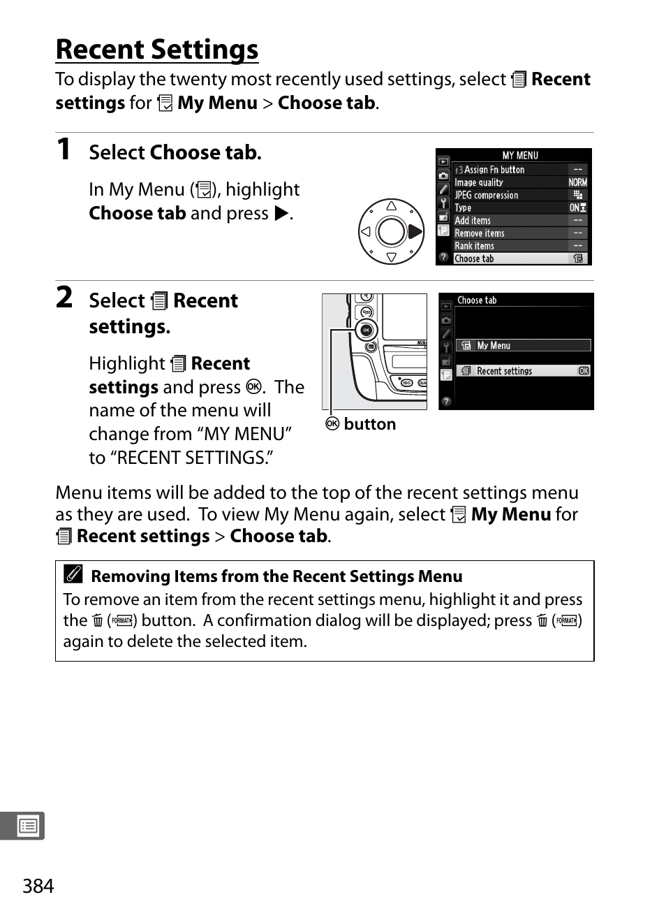 Recent settings | Nikon D4 User Manual | Page 410 / 484