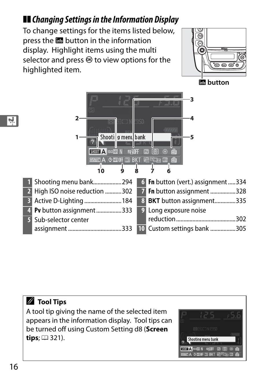 Changing settings in the information display | Nikon D4 User Manual | Page 42 / 484