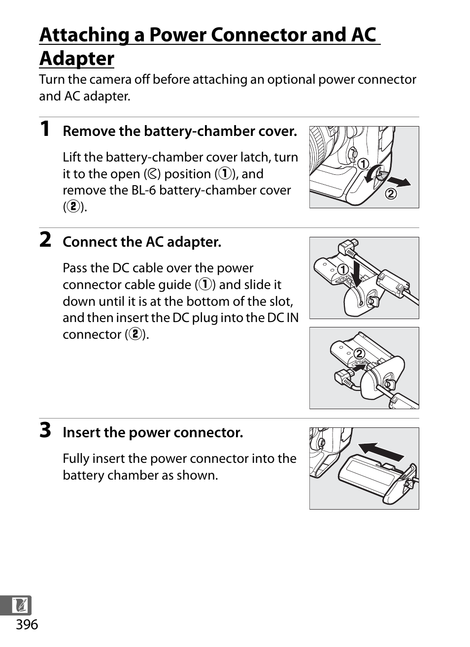 Attaching a power connector and ac adapter, E 396 f | Nikon D4 User Manual | Page 422 / 484