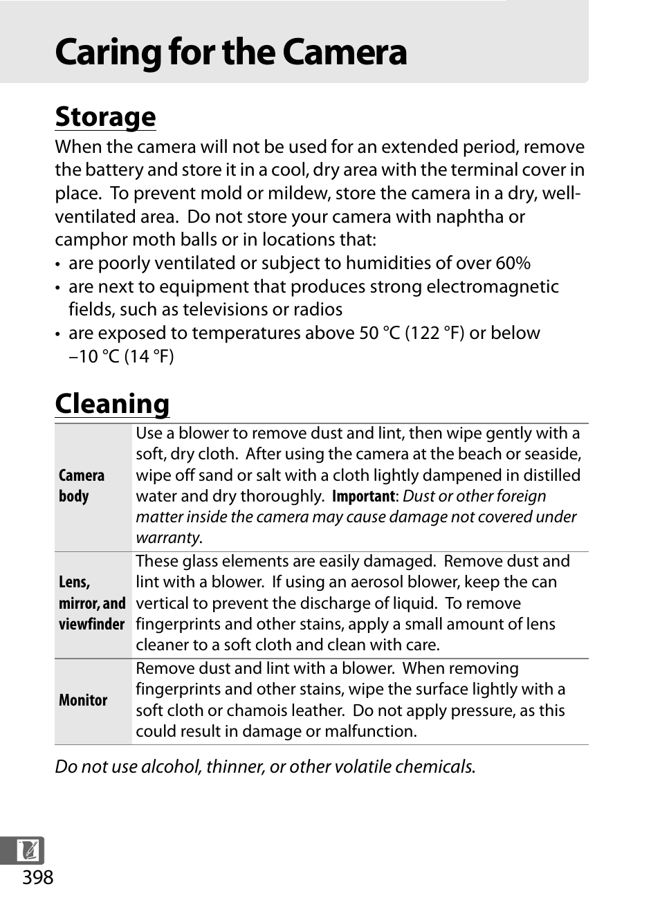 Caring for the camera, Storage, Cleaning | Storage cleaning | Nikon D4 User Manual | Page 424 / 484